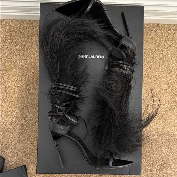 Saint Laurent Feather Lace-Up Heeled Sandals Black Leather Runway Statement 37 - Picture 8 of 16